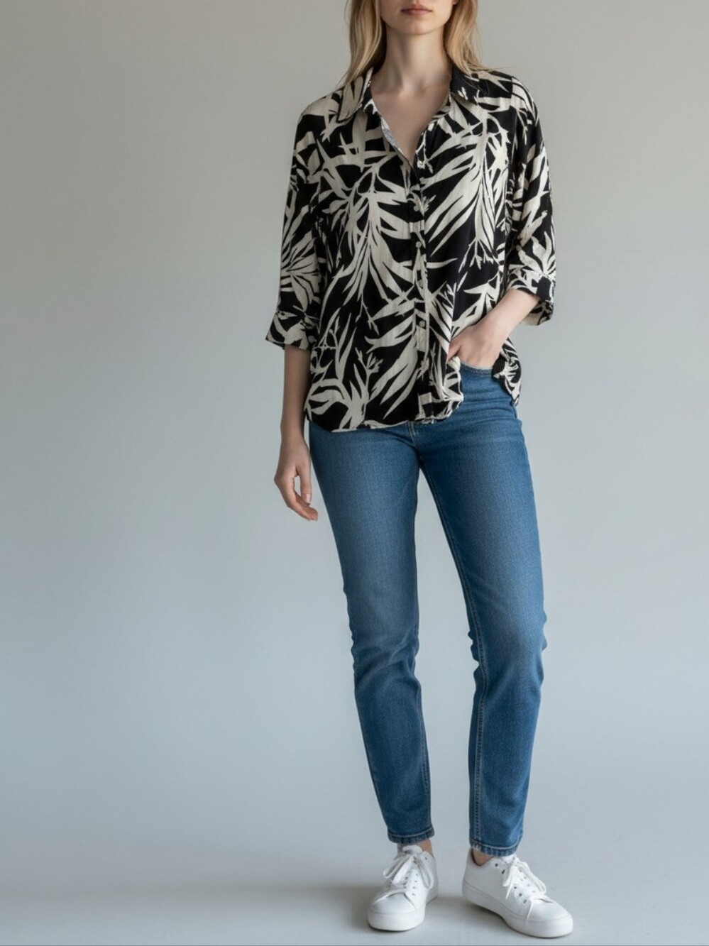 Rachel Zoe Linen Leaves Print Button-Down Shirt Womens XL Black White Retro